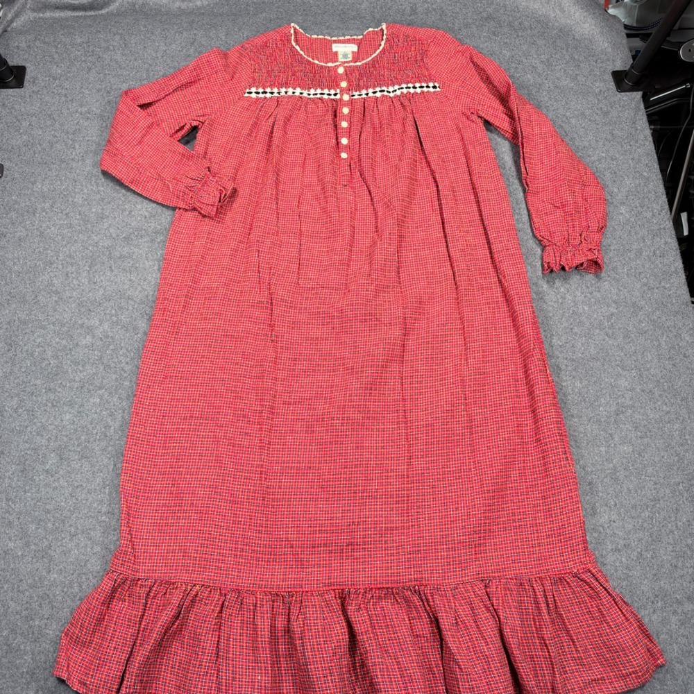 Fundamentals Red Plaid Cotton Smocked Nightgown Lace Trim Ruffle Hem Medium